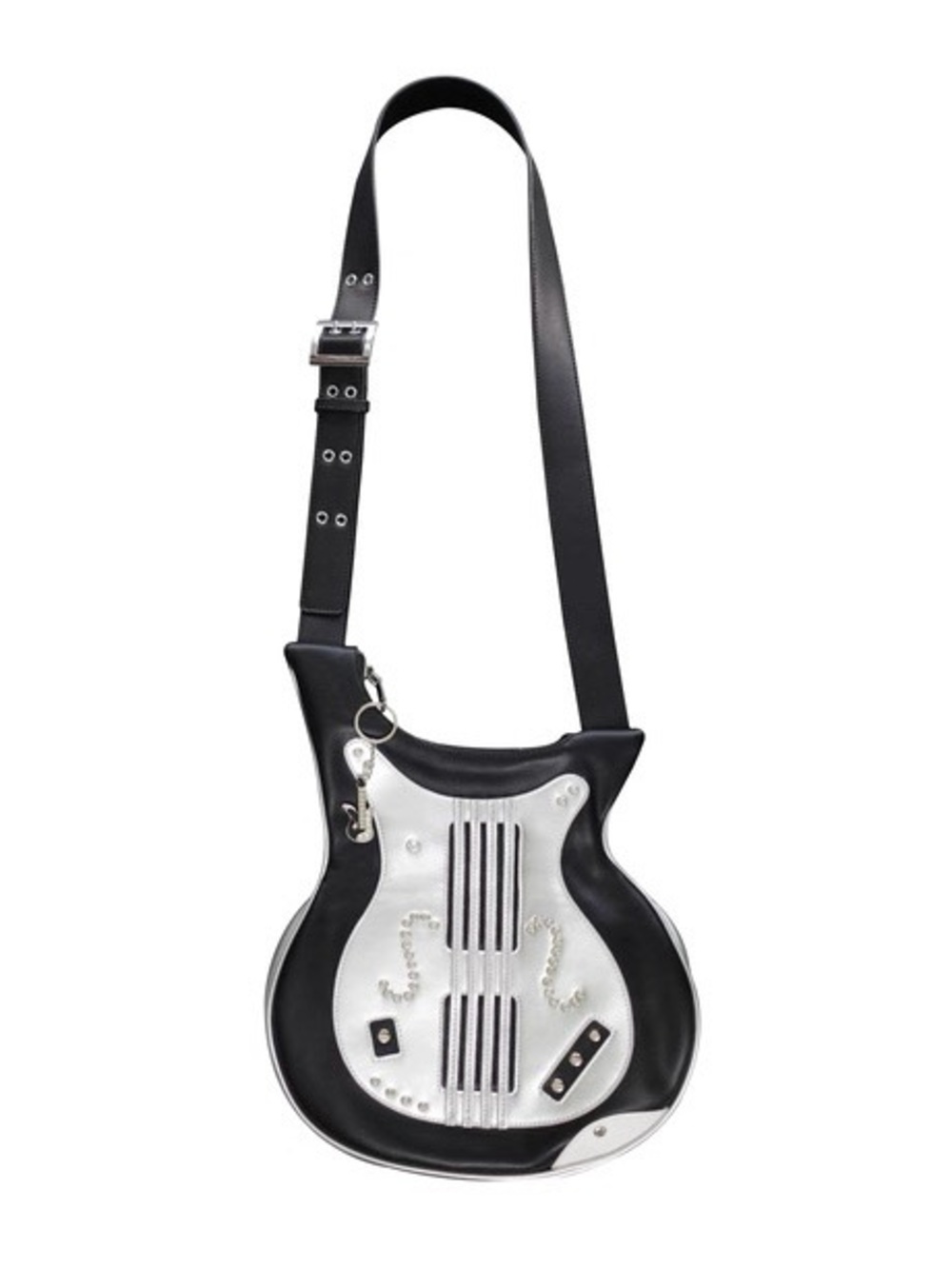 Black and Silver Guitar-Shaped Crossbody Bag
